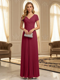 A-Line Pleated Chiffon V-Neck Formal Dresses with Short Sleeve