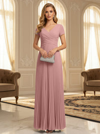 A-Line Pleated Chiffon V-Neck Formal Dresses with Short Sleeve