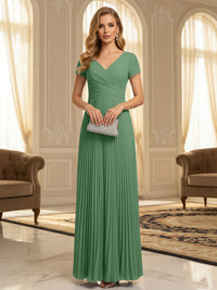 A-Line Pleated Chiffon V-Neck Formal Dresses with Short Sleeve