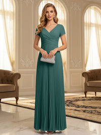 A-Line Pleated Chiffon V-Neck Formal Dresses with Short Sleeve