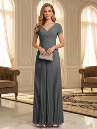 A-Line Pleated Chiffon V-Neck Formal Dresses with Short Sleeve