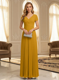 A-Line Pleated Chiffon V-Neck Formal Dresses with Short Sleeve