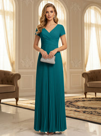A-Line Pleated Chiffon V-Neck Formal Dresses with Short Sleeve