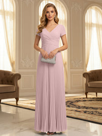 A-Line Pleated Chiffon V-Neck Formal Dresses with Short Sleeve
