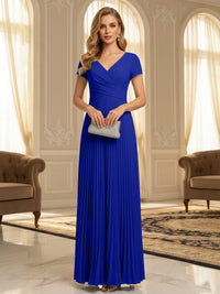 A-Line Pleated Chiffon V-Neck Formal Dresses with Short Sleeve