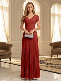 A-Line Pleated Chiffon V-Neck Formal Dresses with Short Sleeve