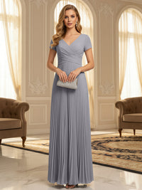 A-Line Pleated Chiffon V-Neck Formal Dresses with Short Sleeve