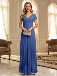 A-Line Pleated Chiffon V-Neck Formal Dresses with Short Sleeve