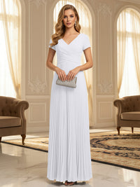 A-Line Pleated Chiffon V-Neck Formal Dresses with Short Sleeve