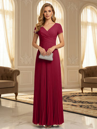 A-Line Pleated Chiffon V-Neck Formal Dresses with Short Sleeve