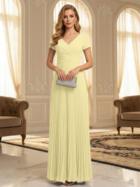 A-Line Pleated Chiffon V-Neck Formal Dresses with Short Sleeve