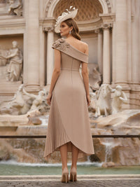 Satin & Pleated Chiffon A-Line Midi Mother of the Bride Dresses Off-Shoulder Formal Dress with 3D  Flower