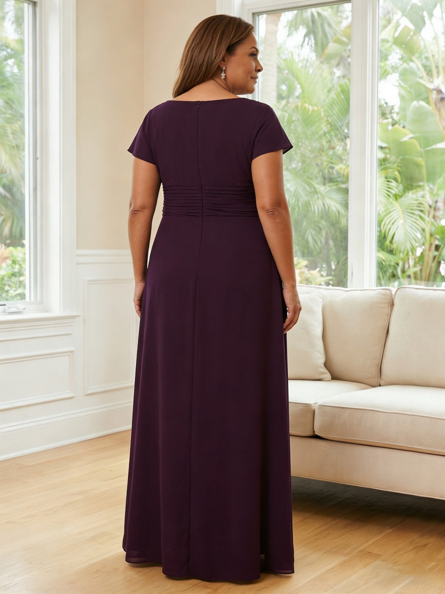 Plus Size A-Line Chiffon Ruched Long Mother of the Bride & Groom Dresses with Cape Sleeve