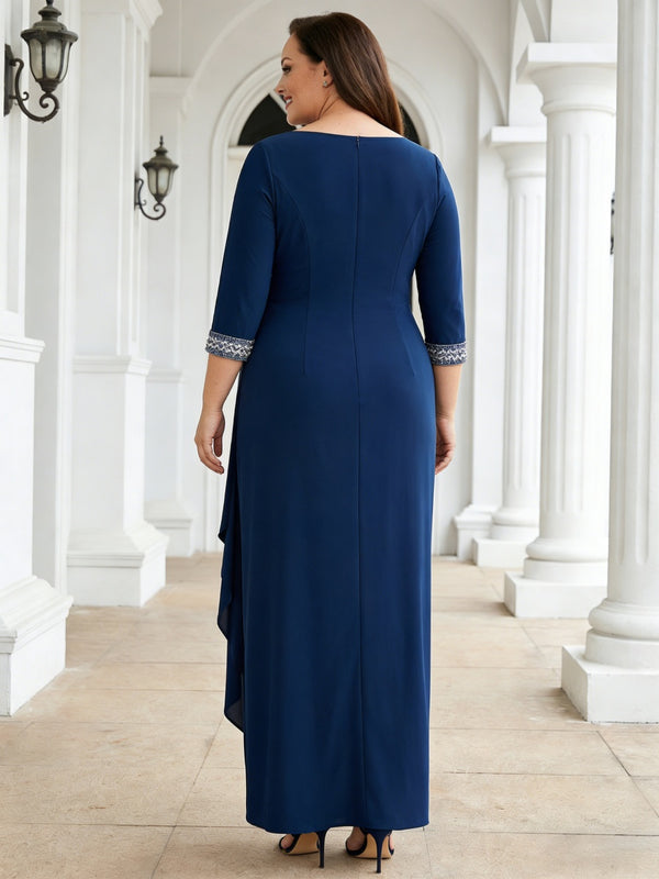 Plus Size Round Neck Chiffon Ruched Long Mother of the Bride Dresses with Ruffle