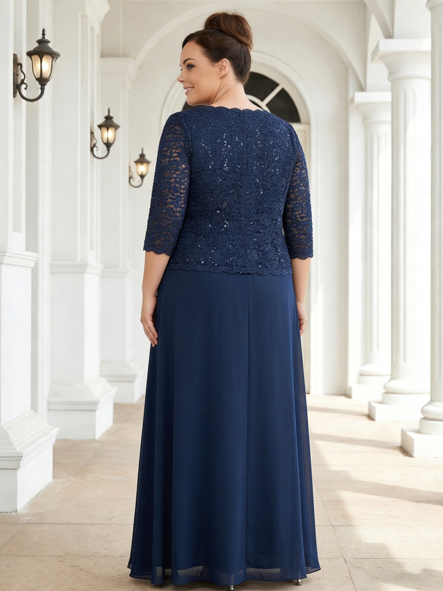 Plus Size Lace Embroidery Chiffon 3/4 Sleeve Long Mother of the Bride Dresses