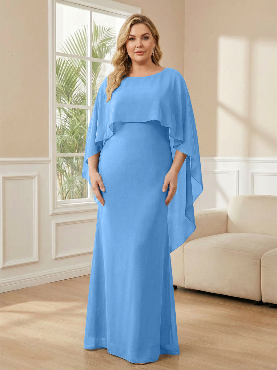 Shirees Sky Blue Plus Size Chiffon A-Line Long Mother of the Bride Dresses with Cape 2026
