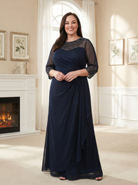 Plus Size 3/4 Sleeve Ruffle Chiffon A-Line Long Mother of the Bride Dresses with Applique