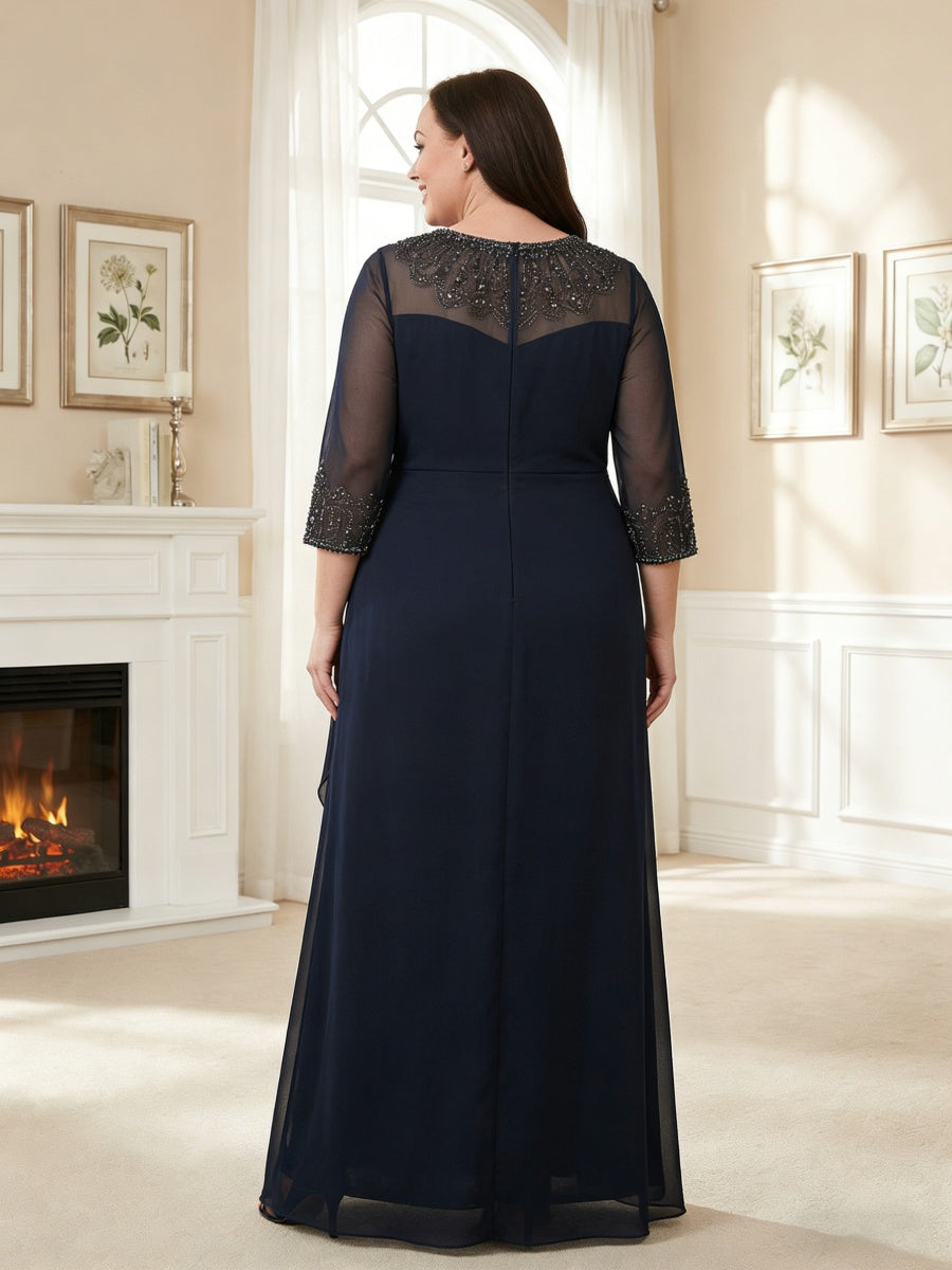Plus Size 3/4 Sleeve Ruffle Chiffon A-Line Long Mother of the Bride Dresses with Applique
