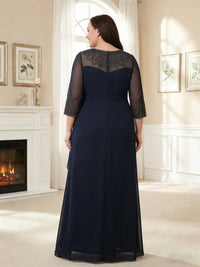 Plus Size 3/4 Sleeve Ruffle Chiffon A-Line Long Mother of the Bride Dresses with Applique