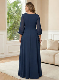 Plus Size 3/4 Sleeve V-Neck A-Line Long Mother of the Bride Dresses with Lace Applique