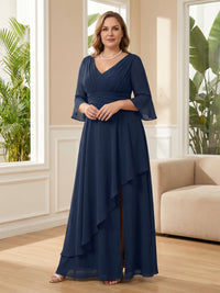 Plus Size 3/4 Sleeve V-Neck Ruched A-Line Long Mother of the Bride & Groom Dresses