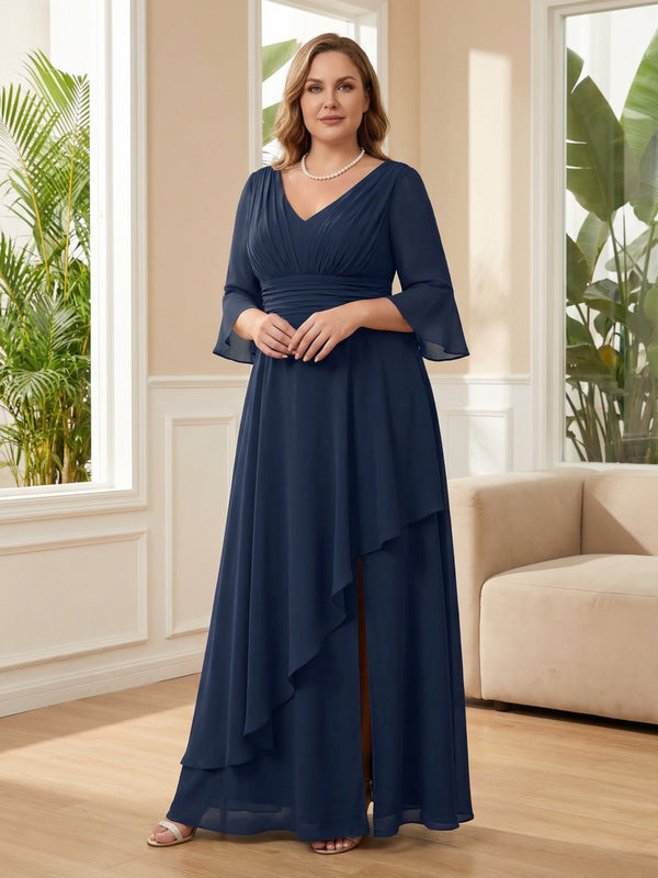 Plus Size 3/4 Sleeve V-Neck Ruched A-Line Long Mother of the Bride & Groom Dresses