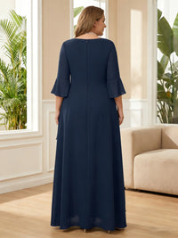 Plus Size 3/4 Sleeve V-Neck Ruched A-Line Long Mother of the Bride & Groom Dresses