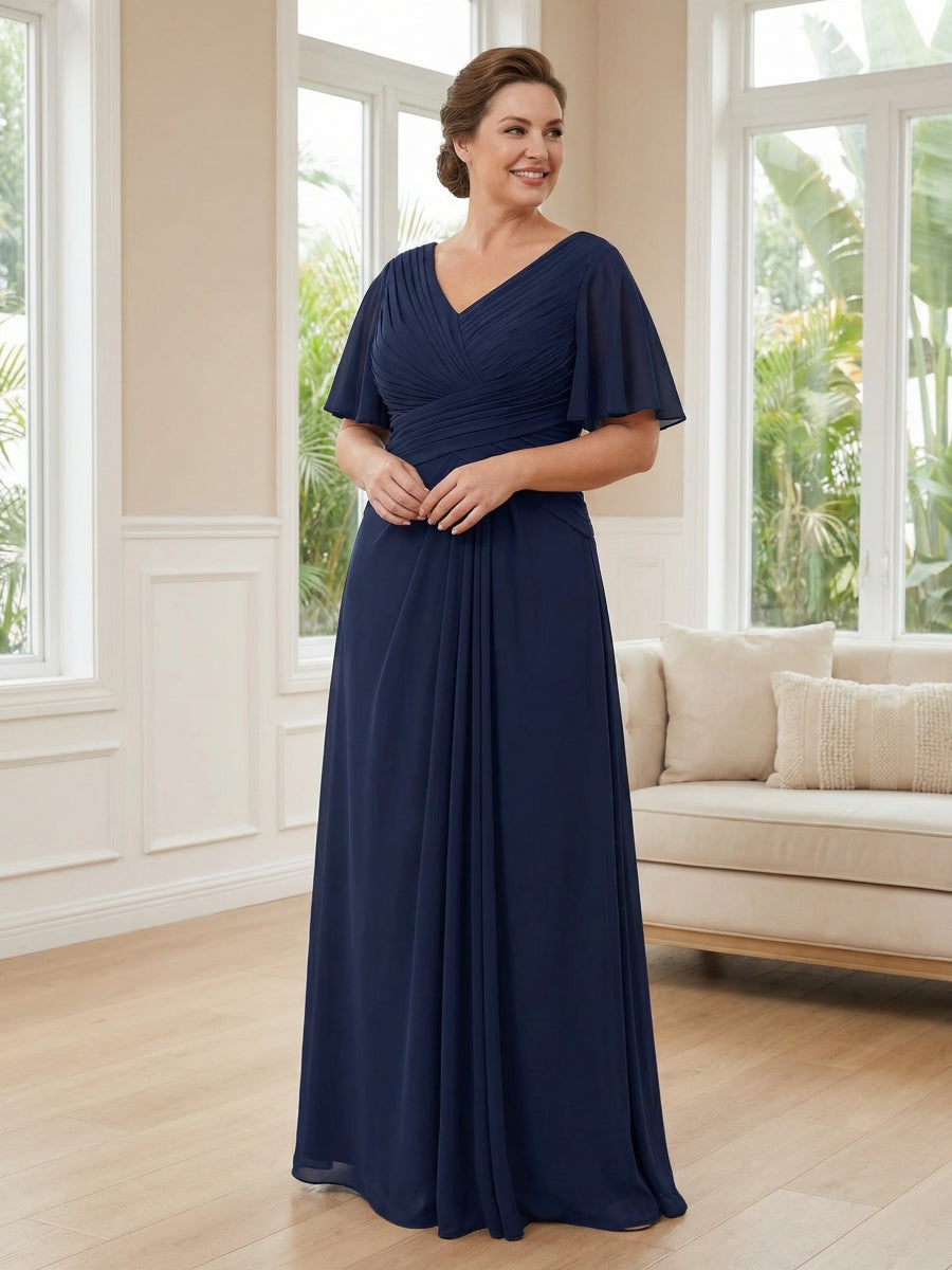 Plus Size Flutter Sleeve V-Neck Ruched A-Line Long Mother of the Bride & Groom Dresses