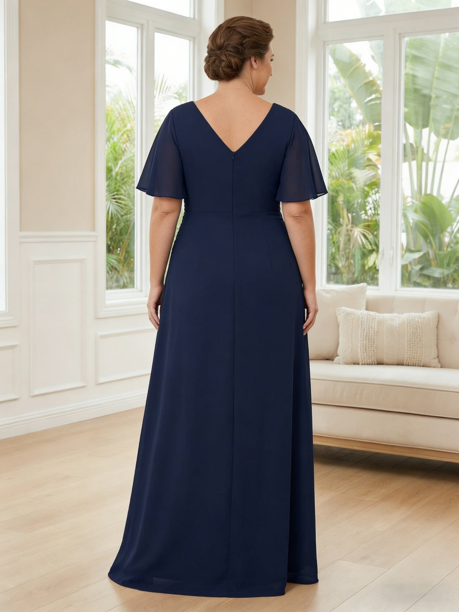 Plus Size Flutter Sleeve V-Neck Ruched A-Line Long Mother of the Bride & Groom Dresses