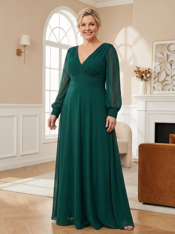 Plus Size A-Line Long Sleeve V-Neck Ruched Long Mother of the Bride & Groom Dresses