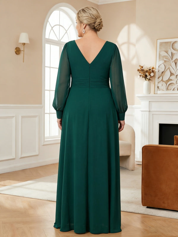 Plus Size A-Line Long Sleeve V-Neck Ruched Long Mother of the Bride & Groom Dresses