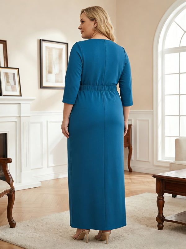 Plus Size Wrap 3/4 Sleeve V-Neck Ruched Long Mother of the Bride & Groom Dresses