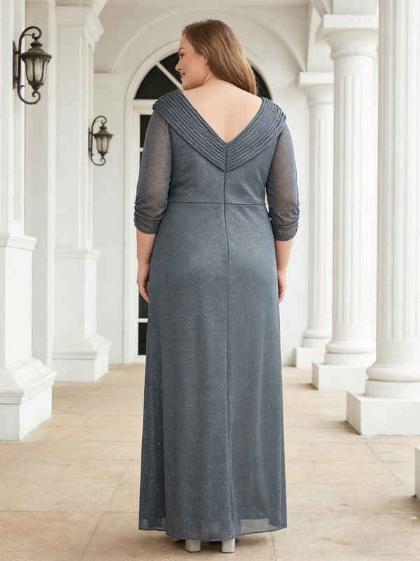 Ruffle Sparkly A-Line Long Mother of the Bride Dresses with Applique V-Neck Ruched Formal Gown