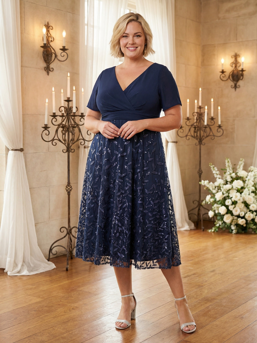 Plus Size Short Sleeve V-Neck A-Line Midi Mother of the Bride & Groom Dresses with Leaf Sequin