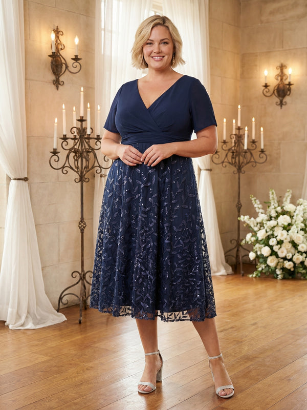Plus Size Short Sleeve V-Neck A-Line Midi Mother of the Bride & Groom Dresses with Leaf Sequin