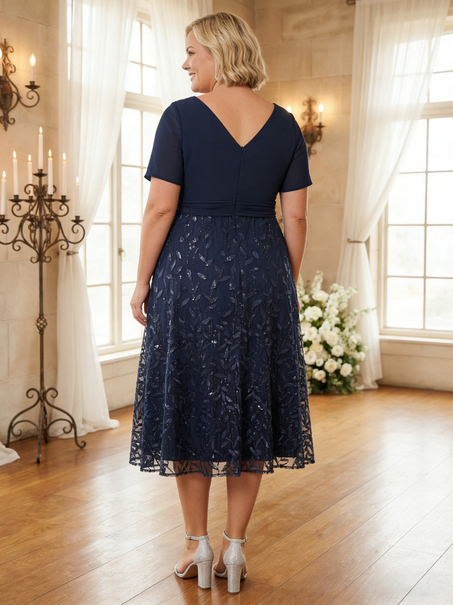 Plus Size Short Sleeve V-Neck A-Line Midi Mother of the Bride & Groom Dresses with Leaf Sequin