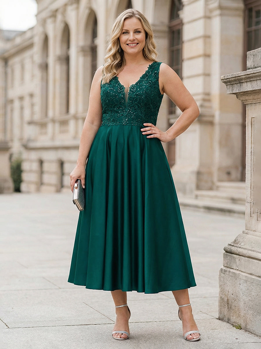Lace Applique Plus Size V-Neck Tea-Length Mother of the Bride & Groom Dresses