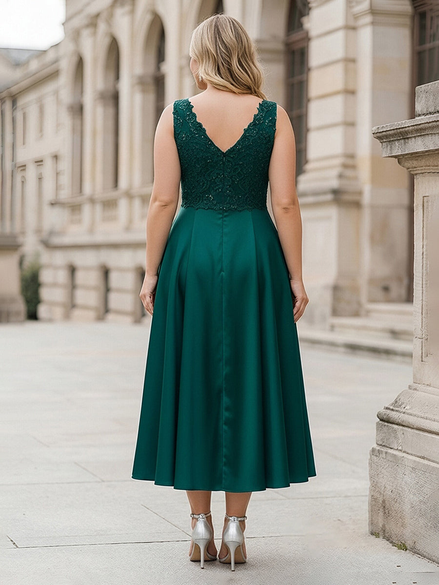 Lace Applique Plus Size V-Neck Tea-Length Mother of the Bride & Groom Dresses