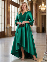 V-Neck Satin 3/4 Sleeve Midi Plus Size Mother of the Bride Dresses Formal Gown