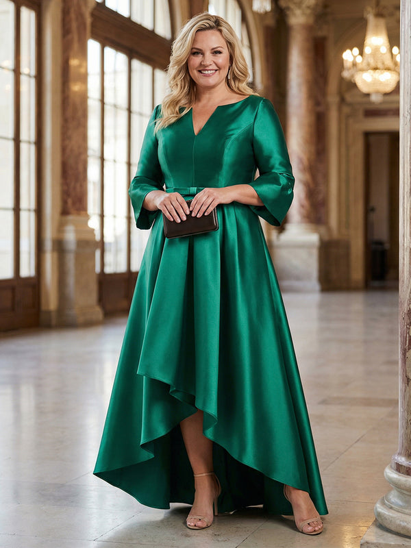 V-Neck Satin 3/4 Sleeve Midi Plus Size Mother of the Bride Dresses Formal Gown