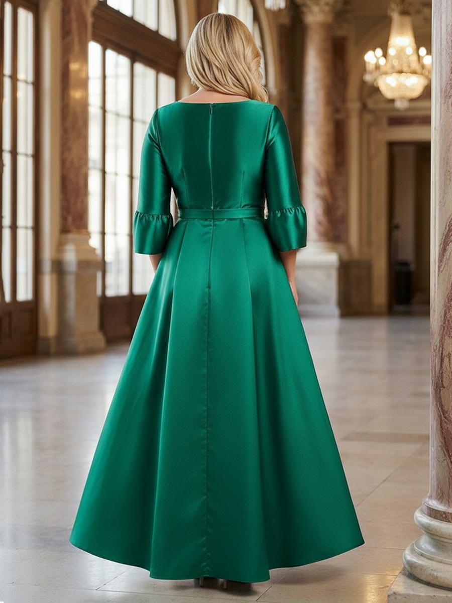 V-Neck Satin 3/4 Sleeve Midi Plus Size Mother of the Bride Dresses Formal Gown