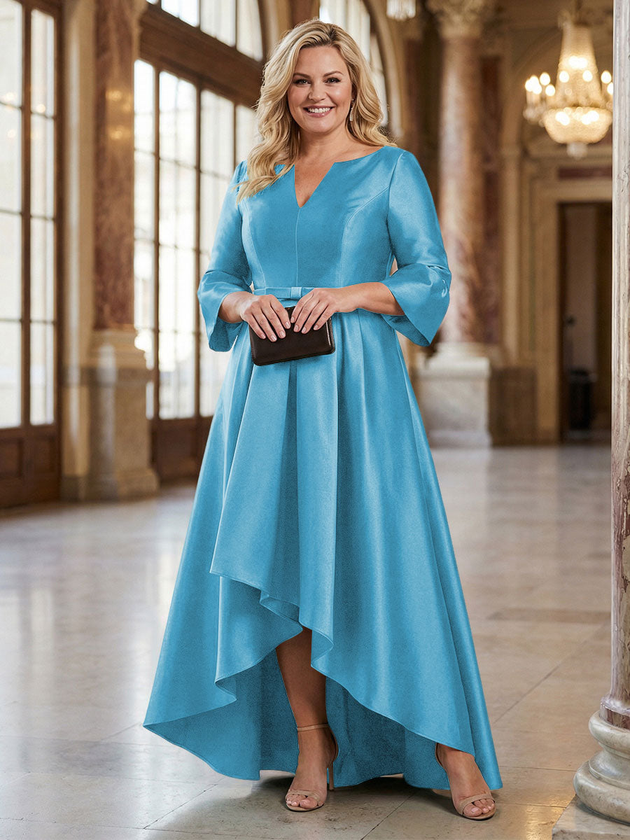 V-Neck Satin 3/4 Sleeve Midi Plus Size Mother of the Bride Dresses Formal Gown