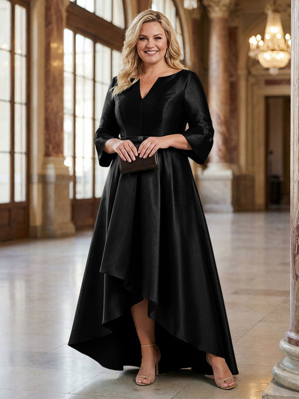 V-Neck Satin 3/4 Sleeve Midi Plus Size Mother of the Bride Dresses Formal Gown
