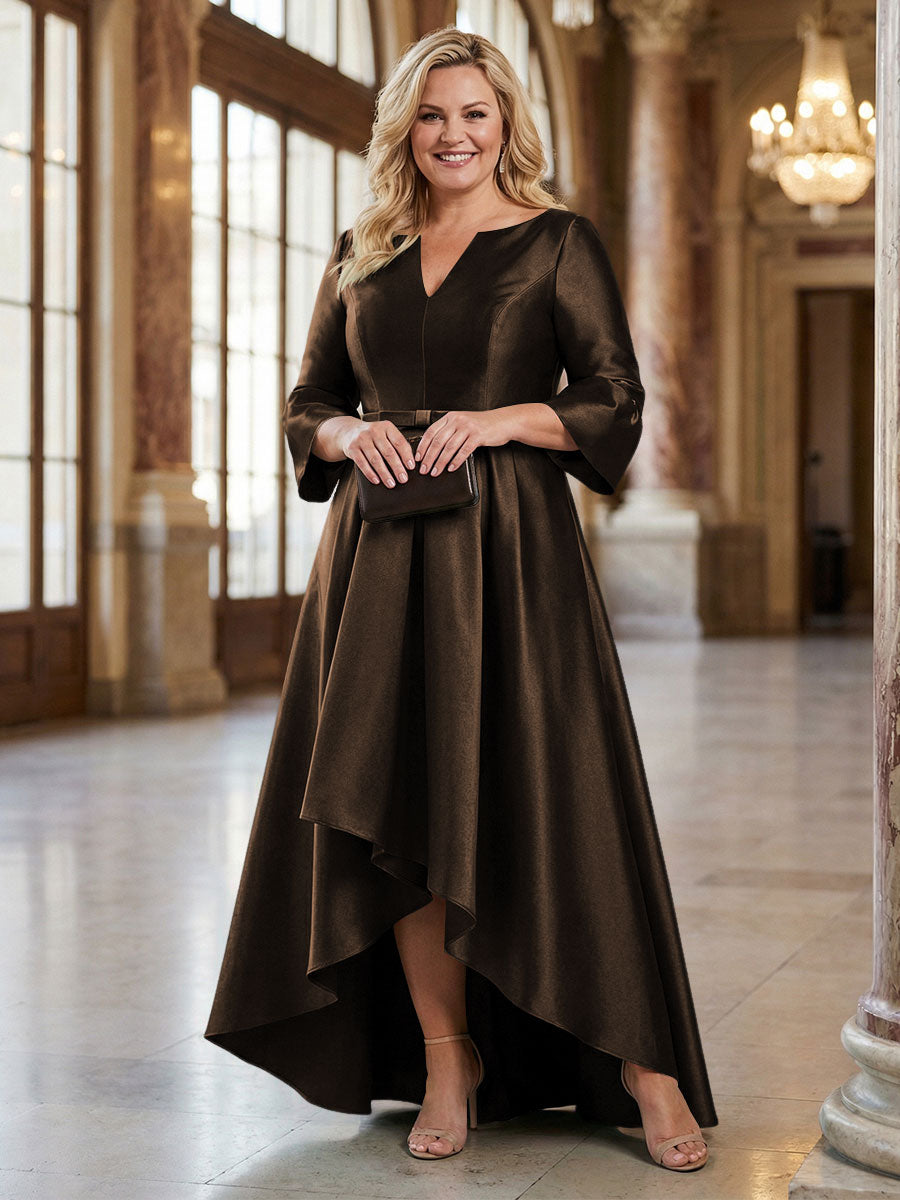 Shirees Brown V-Neck Satin 3/4 Sleeve Midi Plus Size Mother of the Bride Dresses Formal Gown 2026