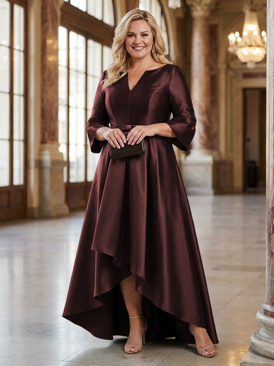 V-Neck Satin 3/4 Sleeve Midi Plus Size Mother of the Bride Dresses Formal Gown