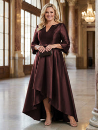 V-Neck Satin 3/4 Sleeve Midi Plus Size Mother of the Bride Dresses Formal Gown