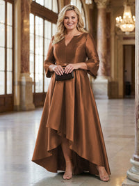 V-Neck Satin 3/4 Sleeve Midi Plus Size Mother of the Bride Dresses Formal Gown