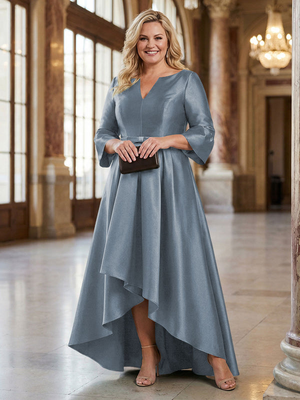 V-Neck Satin 3/4 Sleeve Midi Plus Size Mother of the Bride Dresses Formal Gown