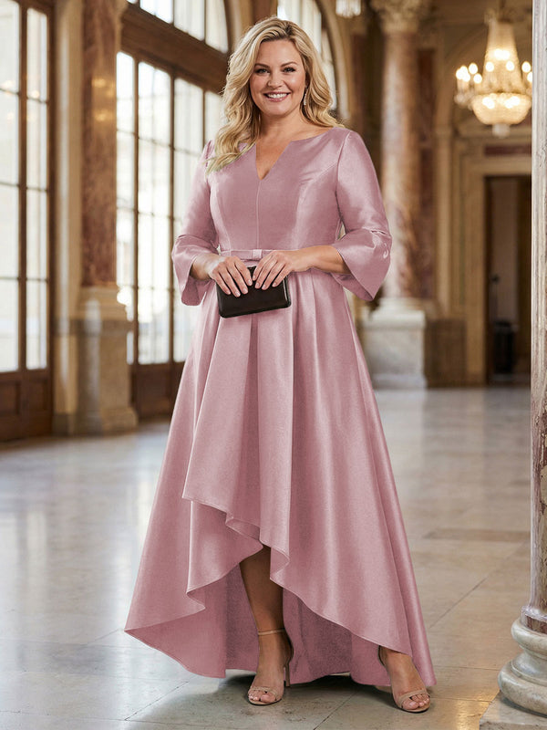 V-Neck Satin 3/4 Sleeve Midi Plus Size Mother of the Bride Dresses Formal Gown