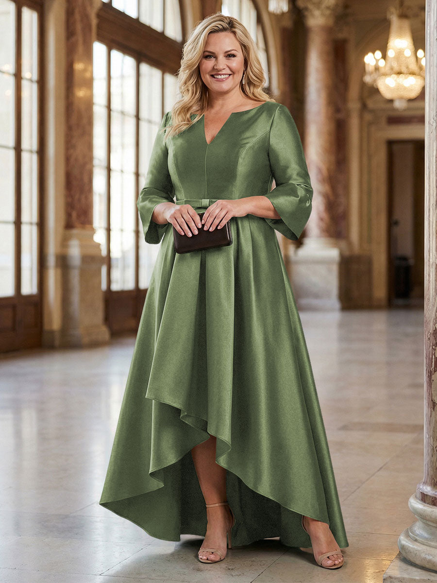 V-Neck Satin 3/4 Sleeve Midi Plus Size Mother of the Bride Dresses Formal Gown